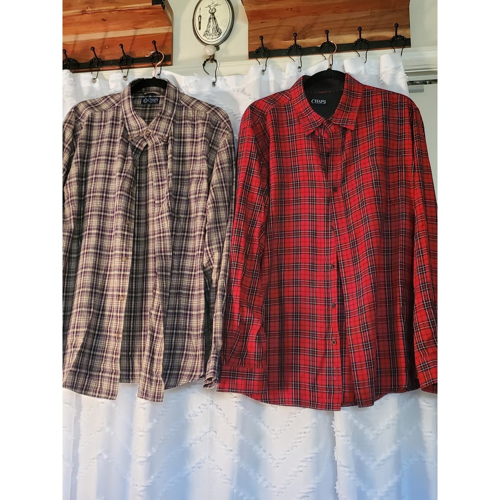 2 CHAPS Mens Plaid Long Sleeve Button Shirts Red & Beige Flannel Style